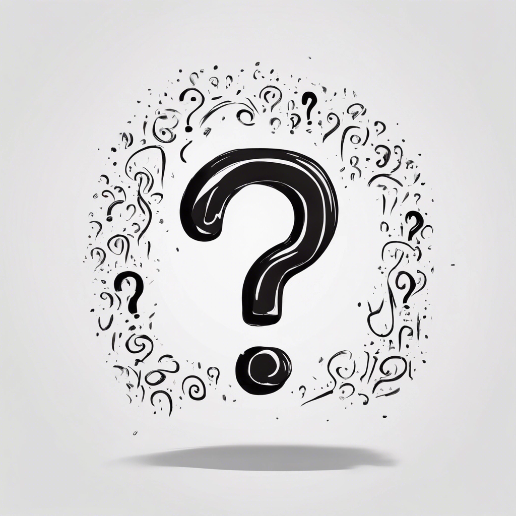 Drawing of a question mark in the center of a page, with lots of little question marks around it.